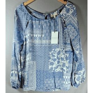 Promesa Blue & White Patchwork-Print Long Sleeve Peasant Blouse
